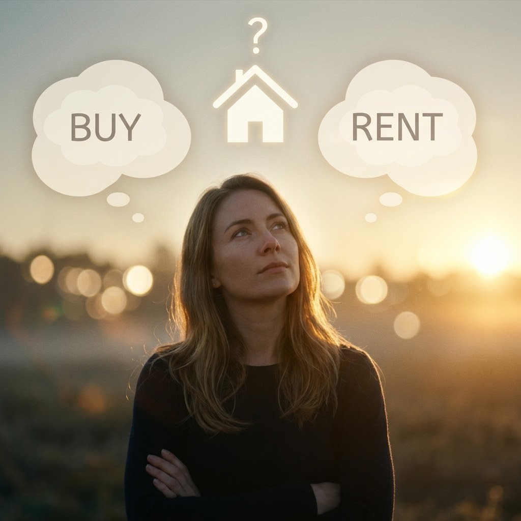 Lady deciding to rent or buy
