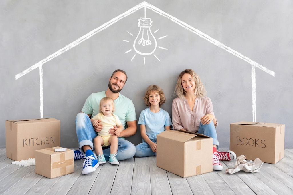 Family w 2 Kids and Moving Boxes